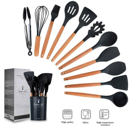 12PCS Silicone  Utensils /  Non-Stick utensils / Kitchen Utensils / wooden handle